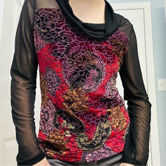 Suzie Couture Blouse Mesh Sleeve Velvet Fairy Whimsigoth Cowl Neck Size Small - Picture 2 of 6